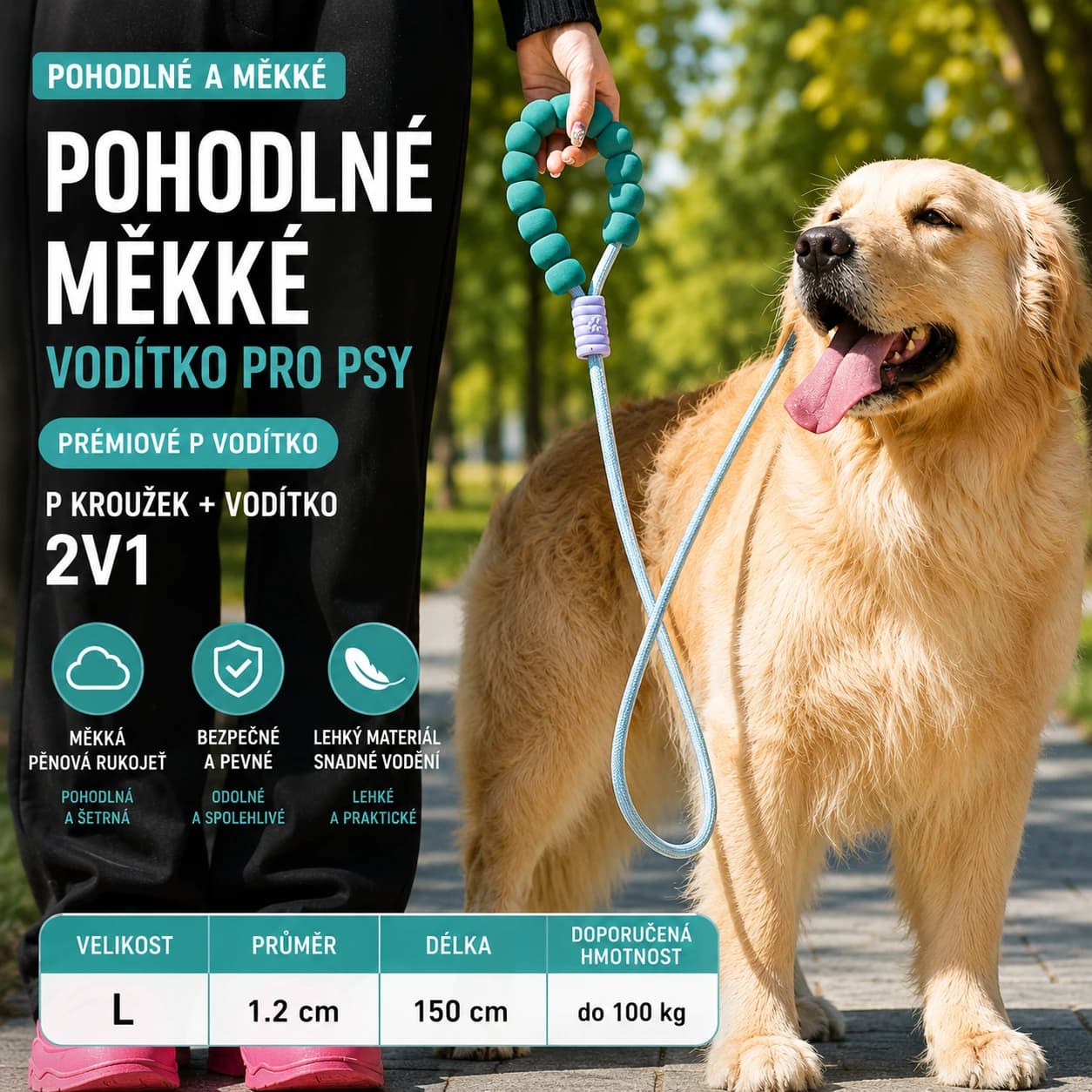 Pěnové P vodítko pro psy 1,5 m s měkkou rukojetí