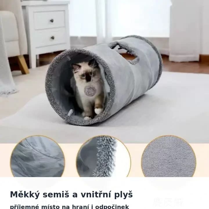 Skládací semišový tunel pro kočky - šedý/hnědý